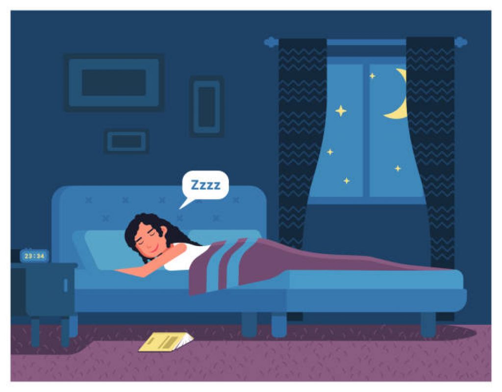 Sleepy woman having sweet dreams in bed with mattress, pillow, blanket at night. Person with closed eyes. Book on floor. Bedroom interior. Bedtime and darkness. Vector flat cartoon illustration
