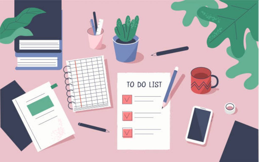 To Do List with Check Marks. Modern Office Desk with Planners, Organizers, Notebooks. Planning, Personal Organizer and Time management Concept.  Flat Cartoon Vector Illustration.